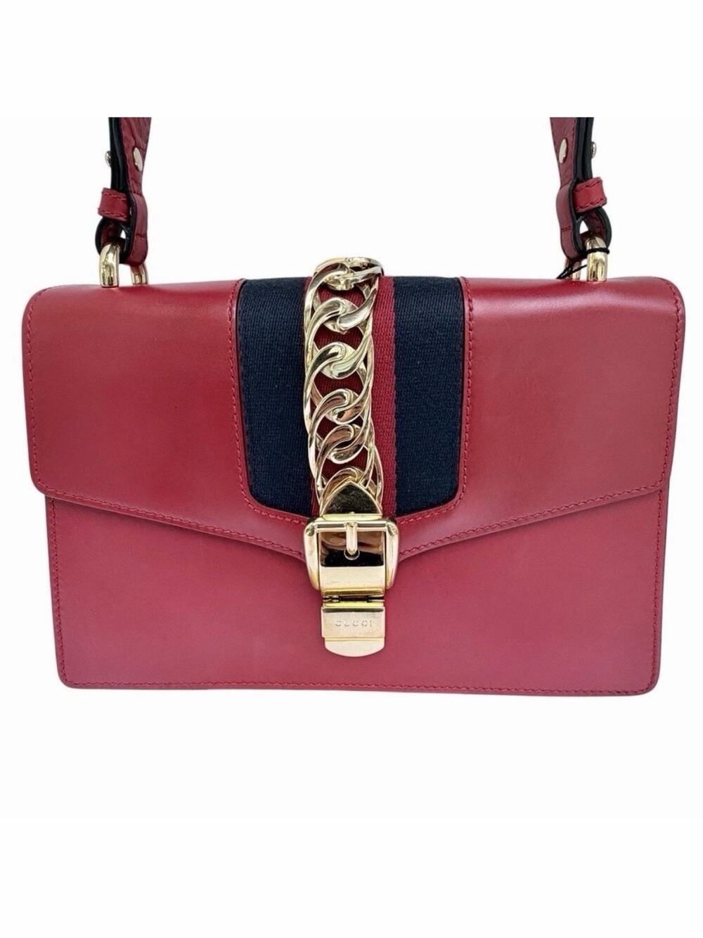 Gucci Sylvie Red Leather Shoulder Bag Gold Chain Buckle Web Stripe w/ COA